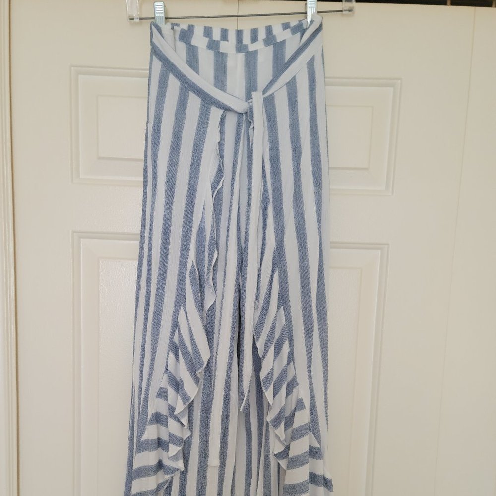 Women's Ruffled Pants Beach Resort Cruise Tropical Cover Up Blue White Size Sm